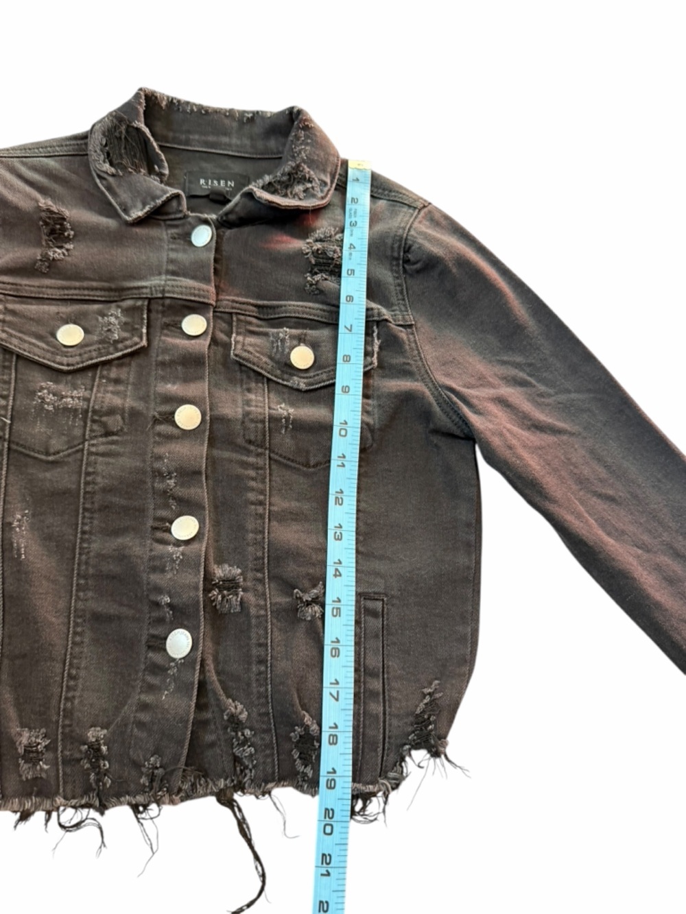 Risen Black Shirring Sleeve Crop Jacket Distressed Denim Women’s Sz Small - Picture 10 of 11